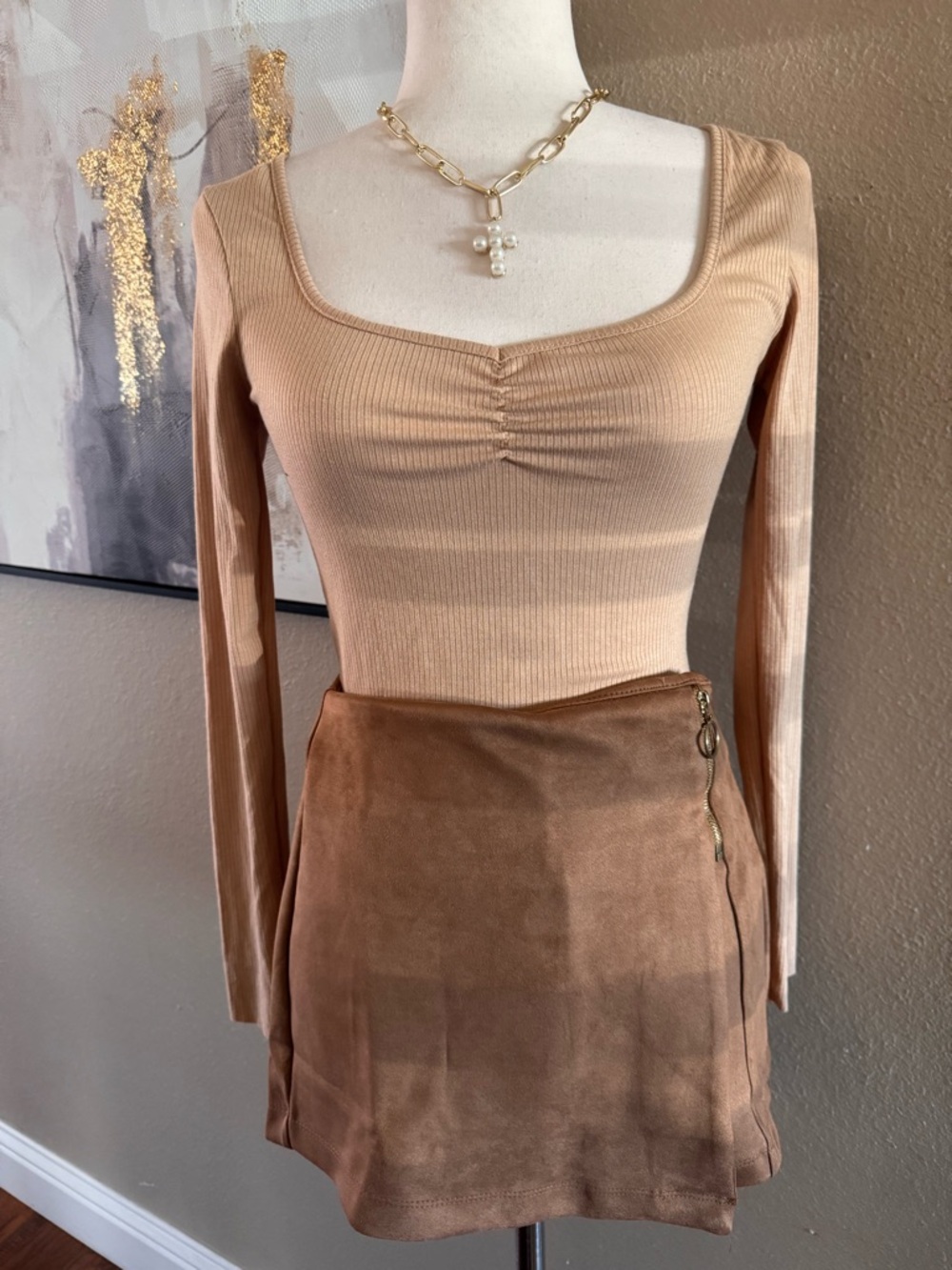 Heart & Hips Ribbed Square Neck Crop Top - Beige - Picture 10 of 10